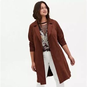 Torrid size 6 (30W) Chocolate Brown Faux Suede Longline Trench Jacket